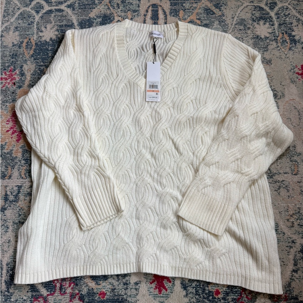 Calvin Klein Cream Cable Knit V-Neck Sweater